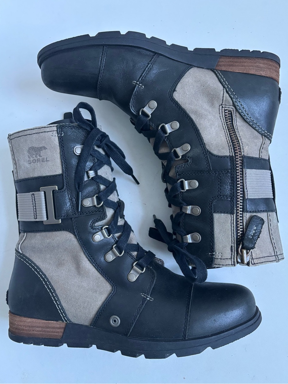 Sorel Major Carly Lace Up Combat Moto Boots Leather Canvas Black Beige Size 9